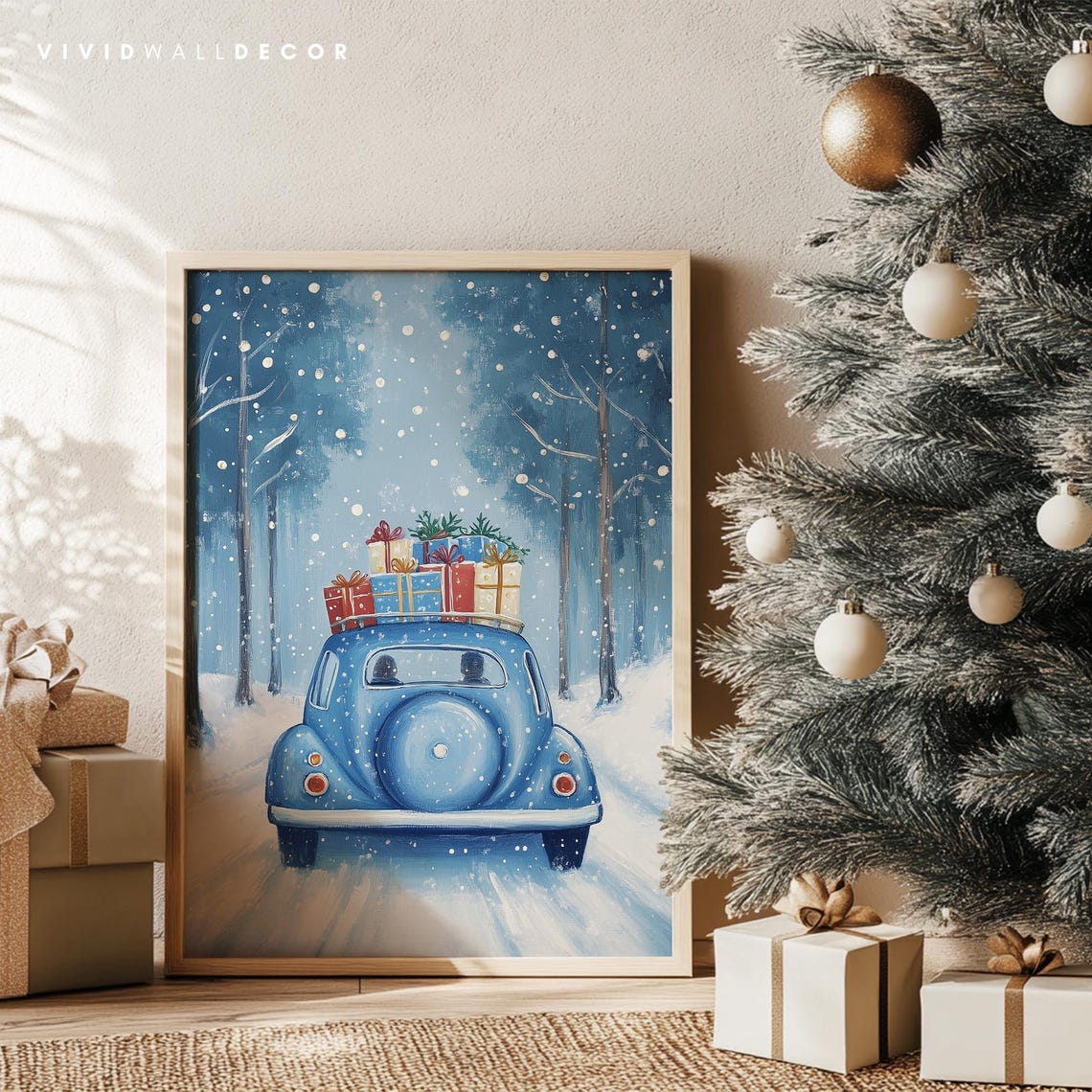 Blue Vintage Car Christmas Art Festive Winter Scene Holiday Decor Whimsical Xmas Gifts Print Cozy Seasonal Poster Winter Holiday - Image 4