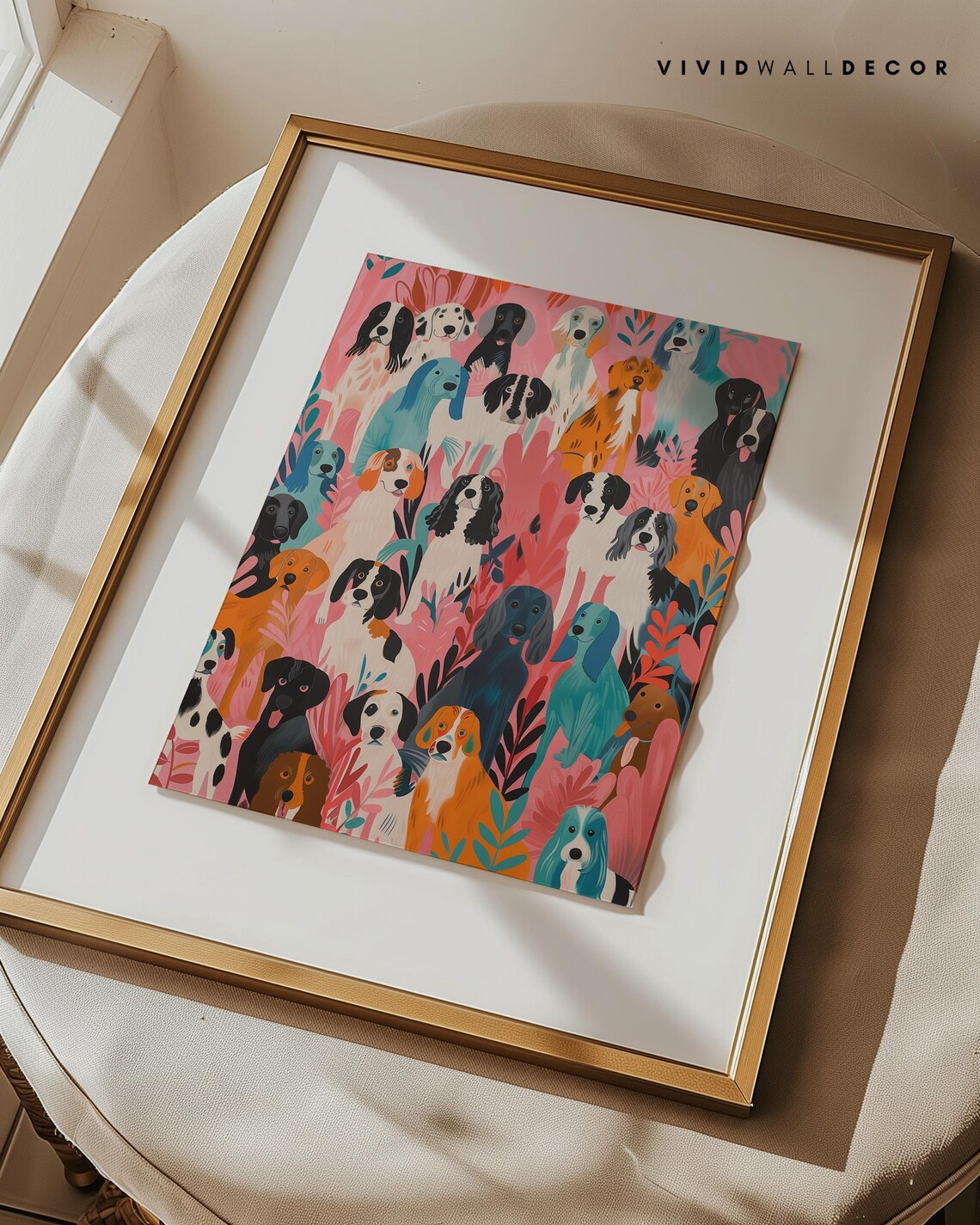 Colorful Playful Dog Crowd With Pink Tropical Background Poster - Image 3