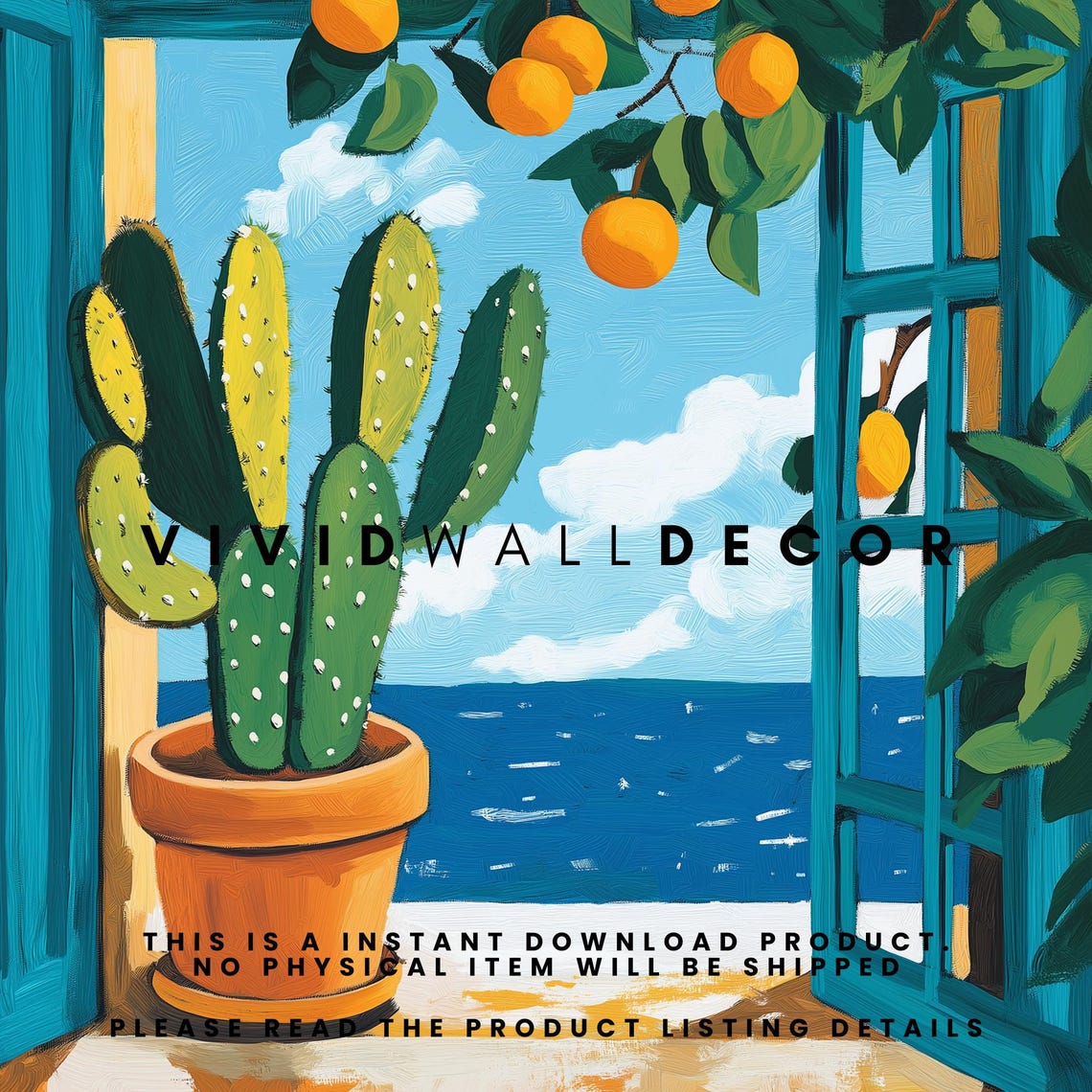 Sunny Mediterranean Cactus and Orange Tree Ocean View Poster - Image 2
