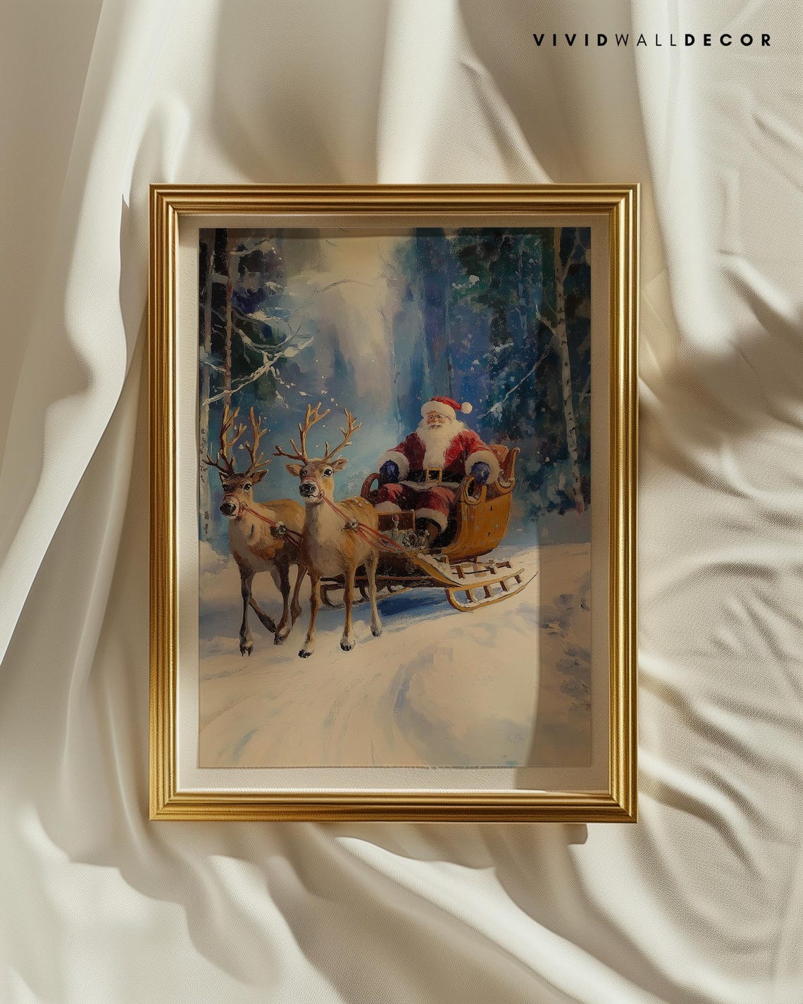 Santa In Sleigh With Two Reindeer Through Snowy Forest Poster - Image 2