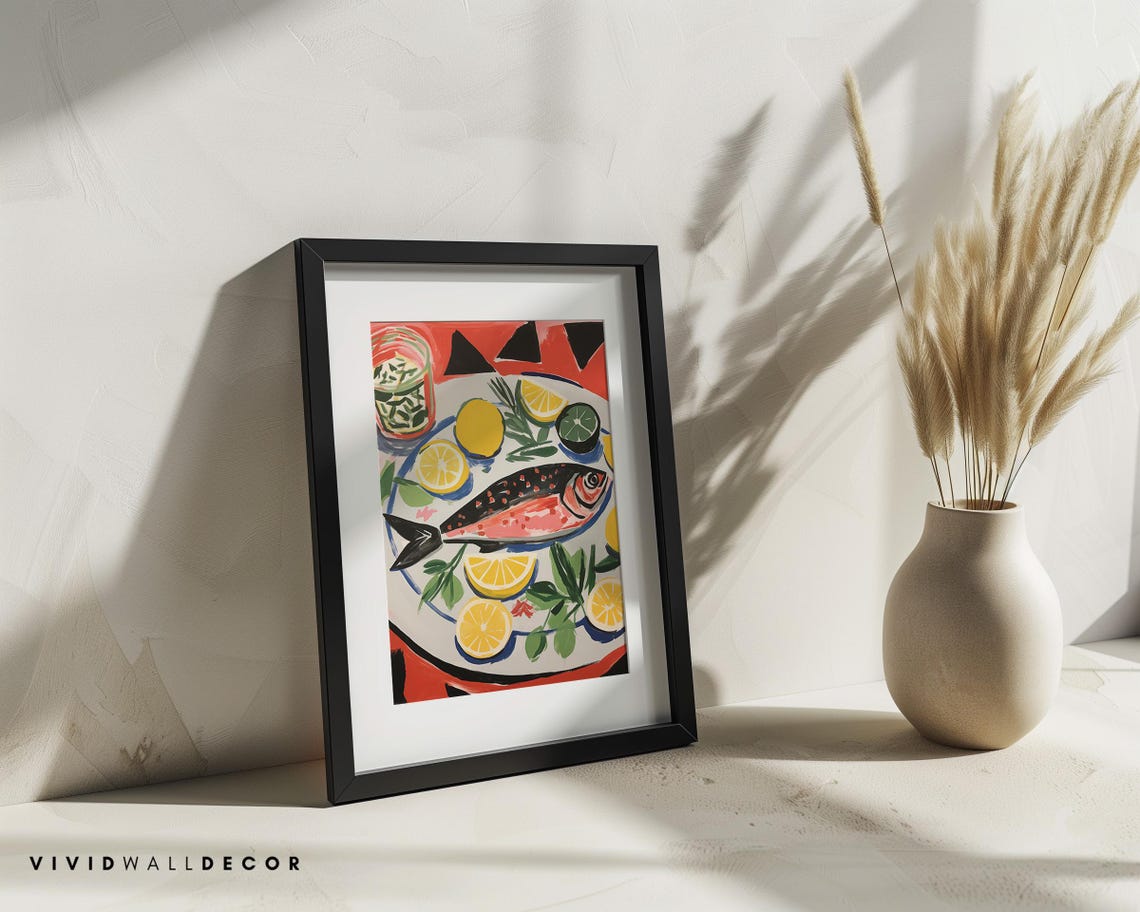 Bold Fish and Citrus Plate Red Black Modern Kitchen Art Poster - Image 3