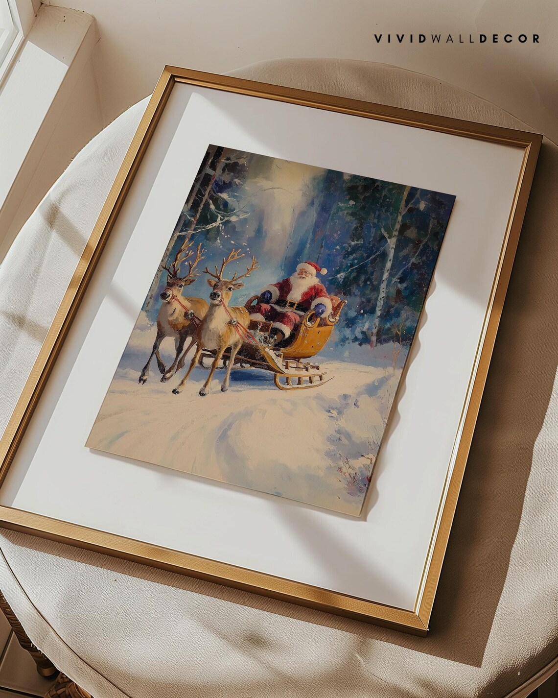 Santa In Sleigh With Two Reindeer Through Snowy Forest Poster - Image 3