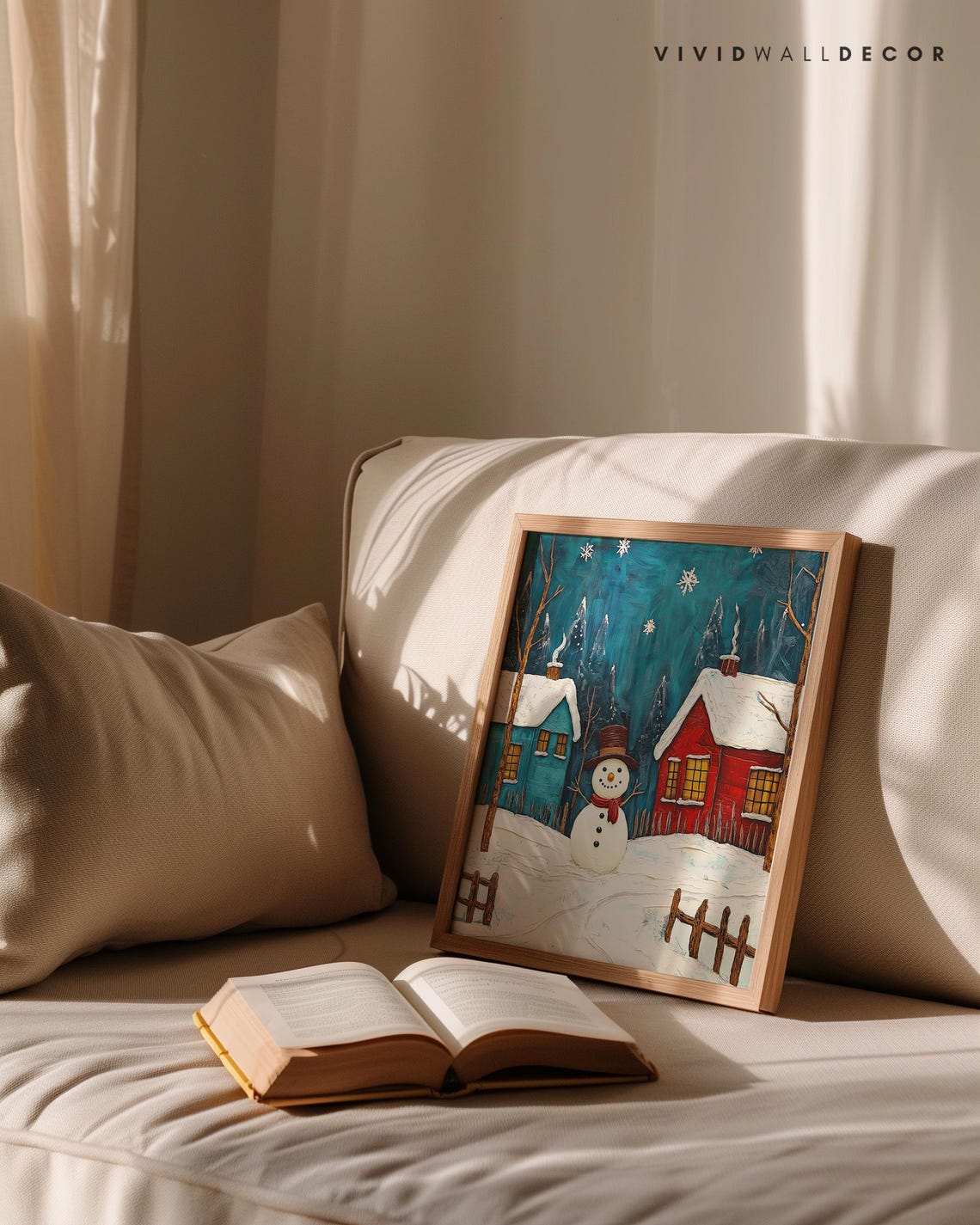 Cheerful Snowman In A Snowy Village On A Winter Night Poster - Image 3