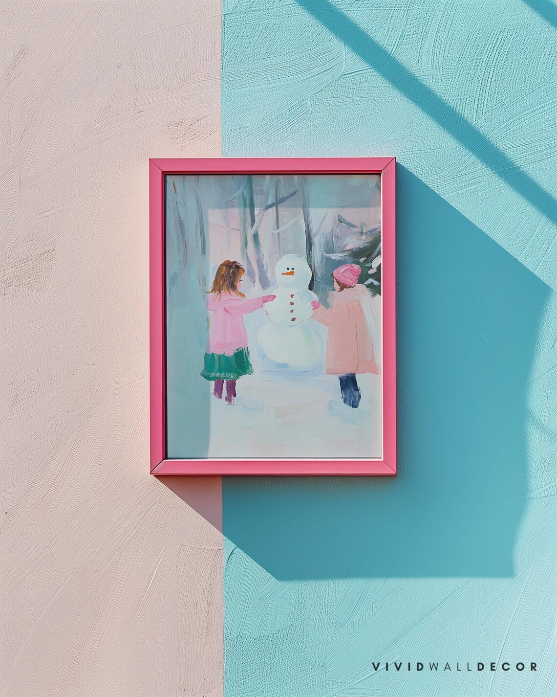 Two Kids Building A Snowman In A Pretty Snowy Forest Art Poster - Image 2
