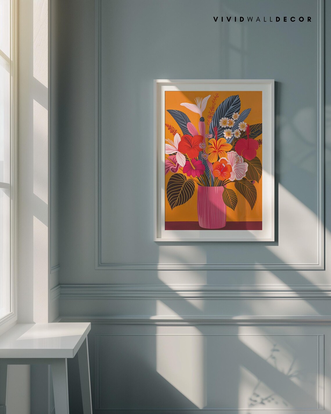 Tropical Hibiscus Bouquet Pink Vase Bold Orange Botanical Poster - Image 3
