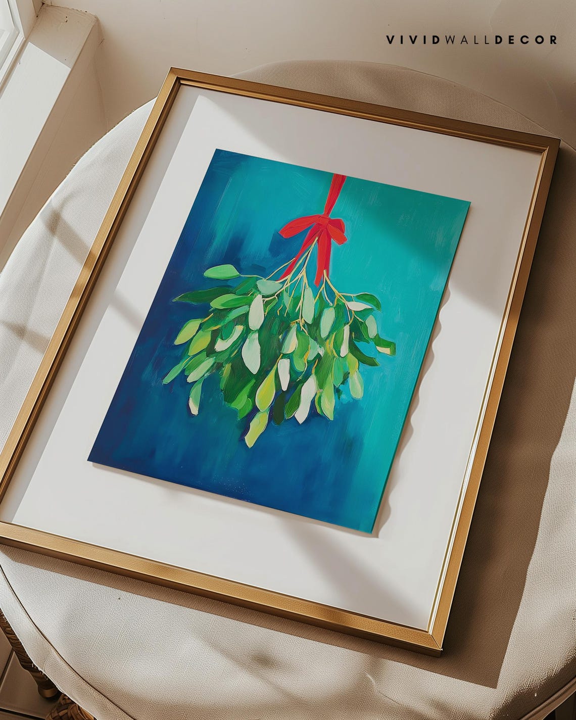 Mistletoe With Red Bow Hanging Against Teal Holiday Art Poster - Image 2