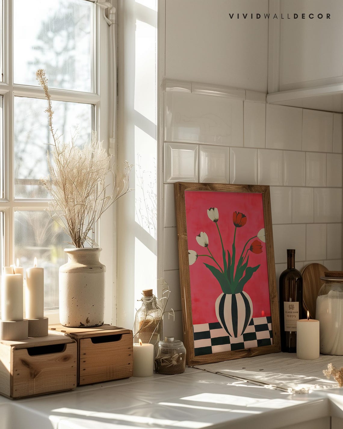 Red White Tulips In Striped Vase Hot Pink Floral Still Life Poster - Image 3
