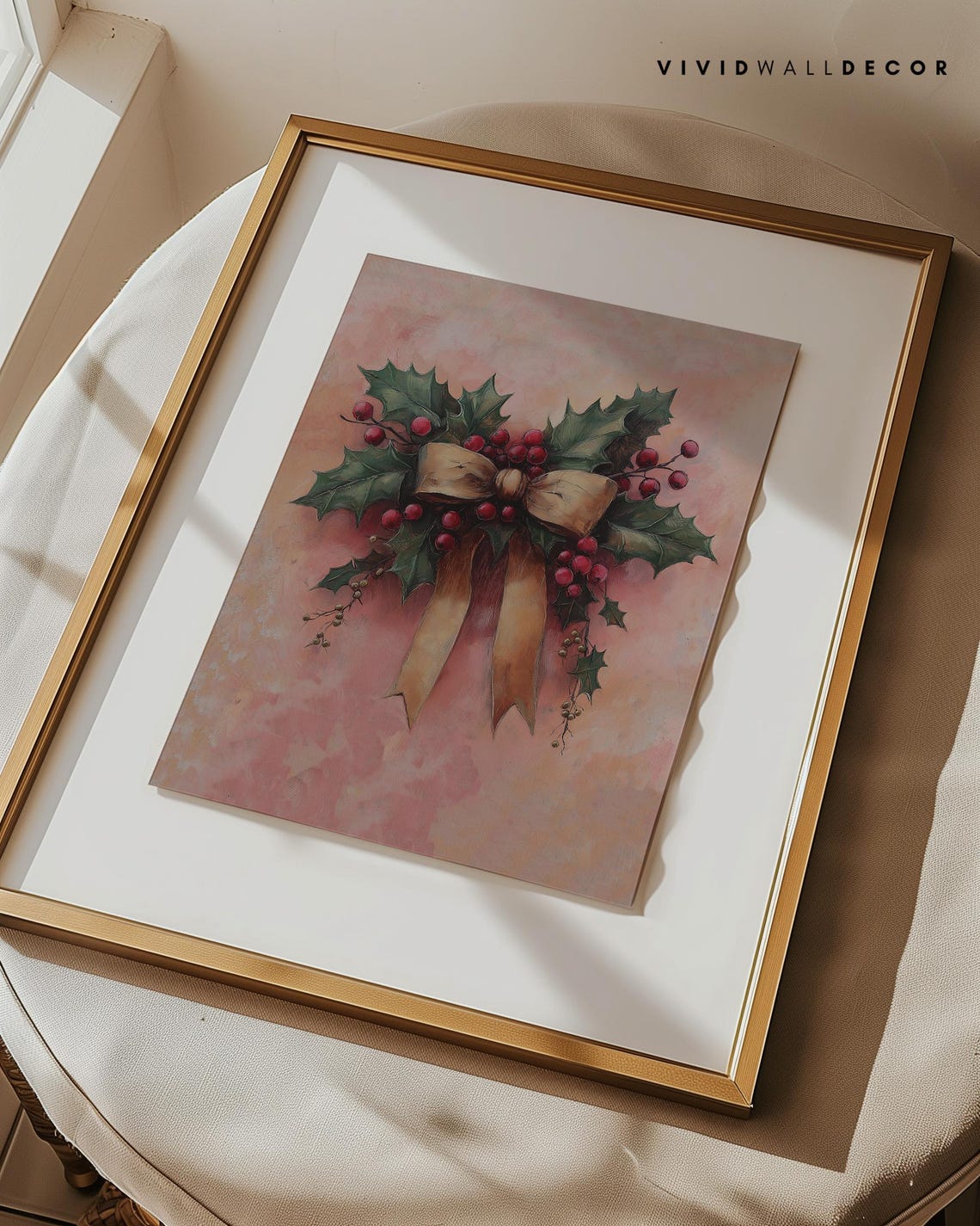 Holly Berries With Gold Ribbon Bow Blush Christmas Art Poster - Image 2