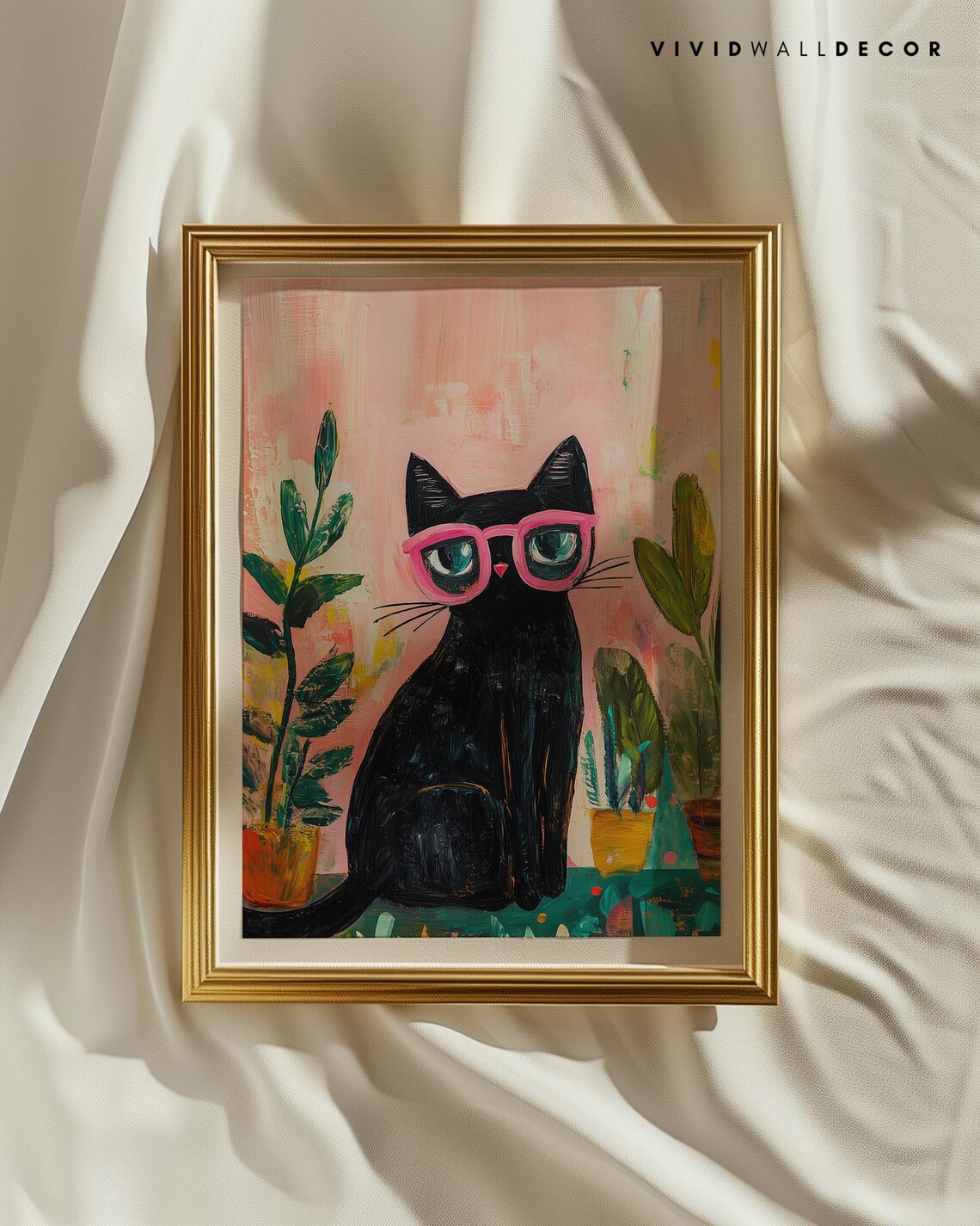 Stylish Black Cat With Pink Glasses Painterly Portrait Poster - Image 2