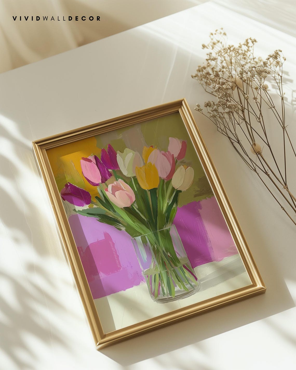 Vibrant Multicolor Tulip Bouquet in Glass Vase Floral Art Poster - Image 2