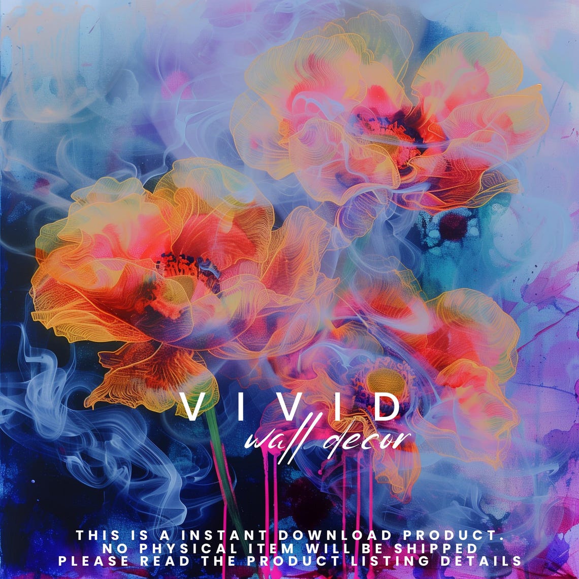 Abstract Neon Floral Art with Pink Paint Drips Dark Moody Poster - Image 2