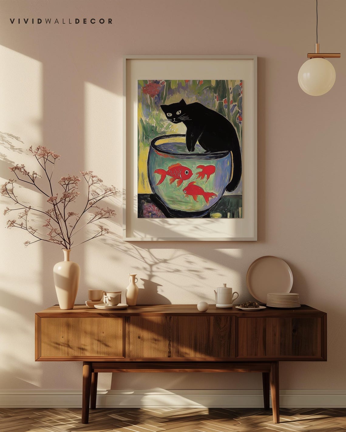 Black Cat Eyeing Red Goldfish Bowl Playful Colorful Art Poster - Image 4