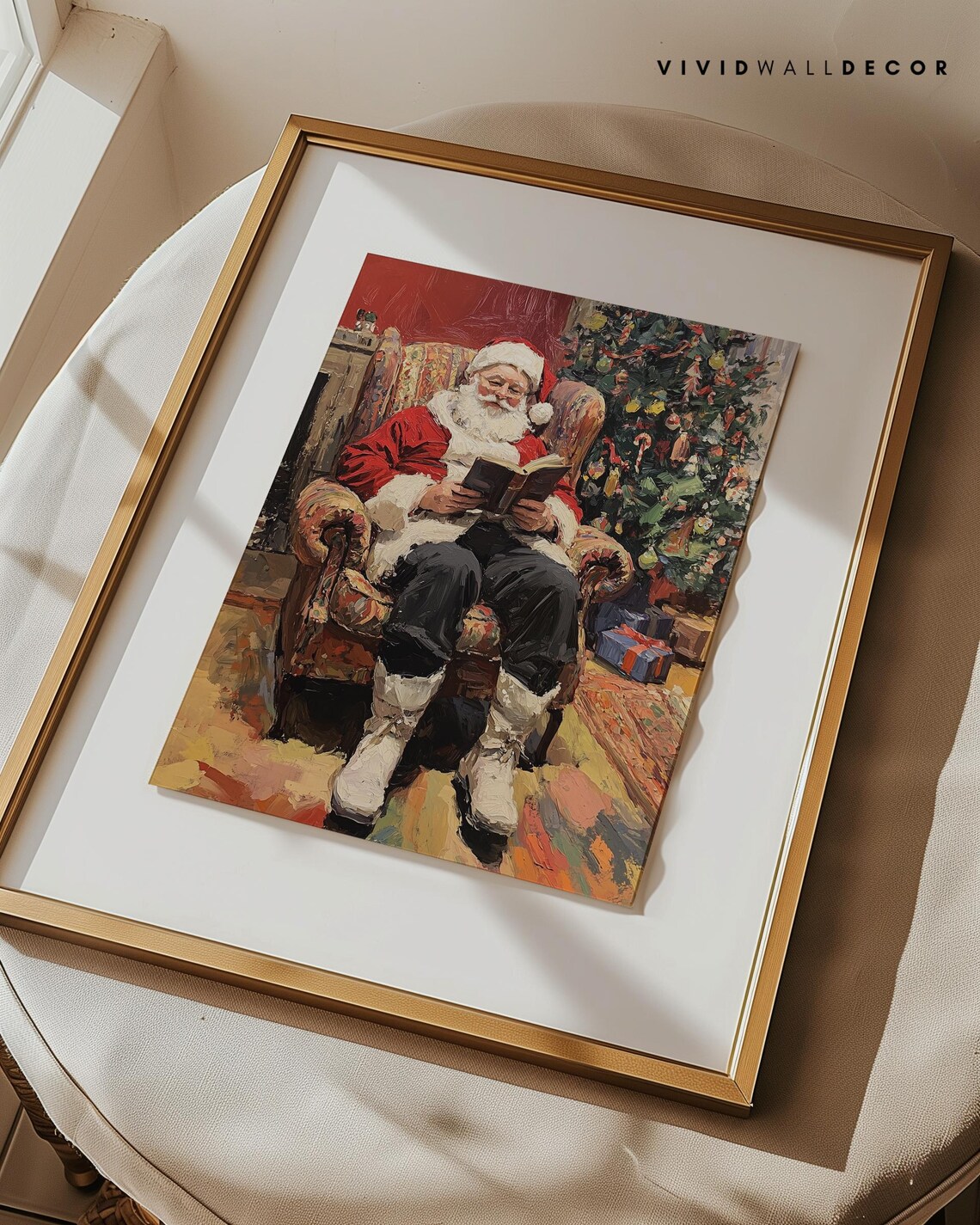 Santa Reading by the Tree Cozy Christmas Art Poster Festive Home Decor - Image 3