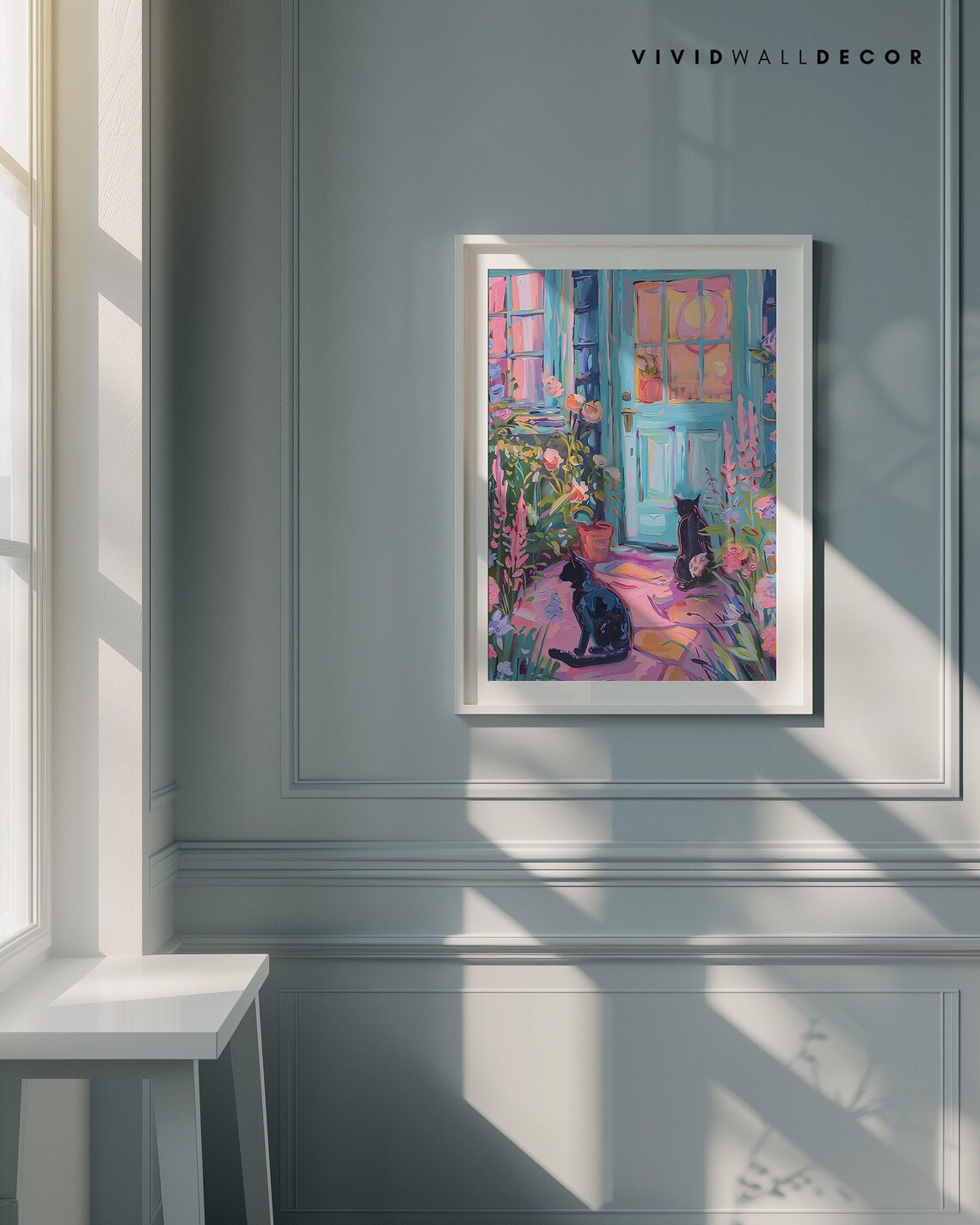 Two Black Cats At A Turquoise Door In A Blooming Pink Flower Garden Poster - Image 4
