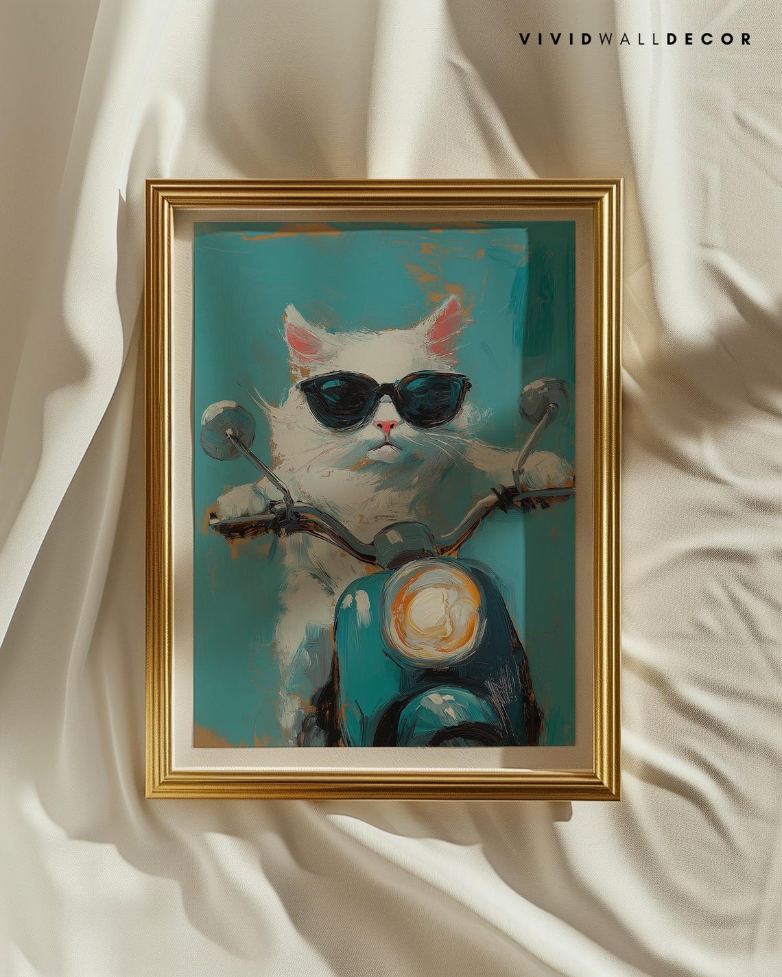 Cool White Cat in Sunglasses Riding Blue Scooter Funny Art Poster - Image 2