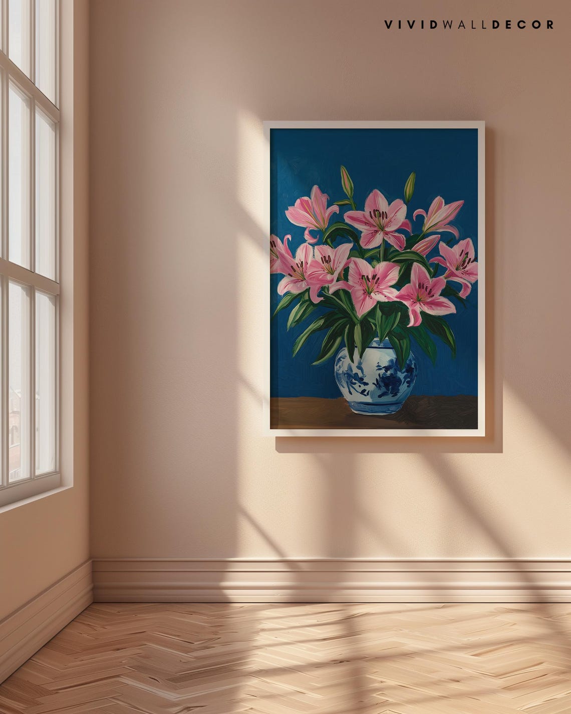 Blush Pink Lilies in Blue Porcelain Vase Art Poster Floral Wall Decor - Image 4