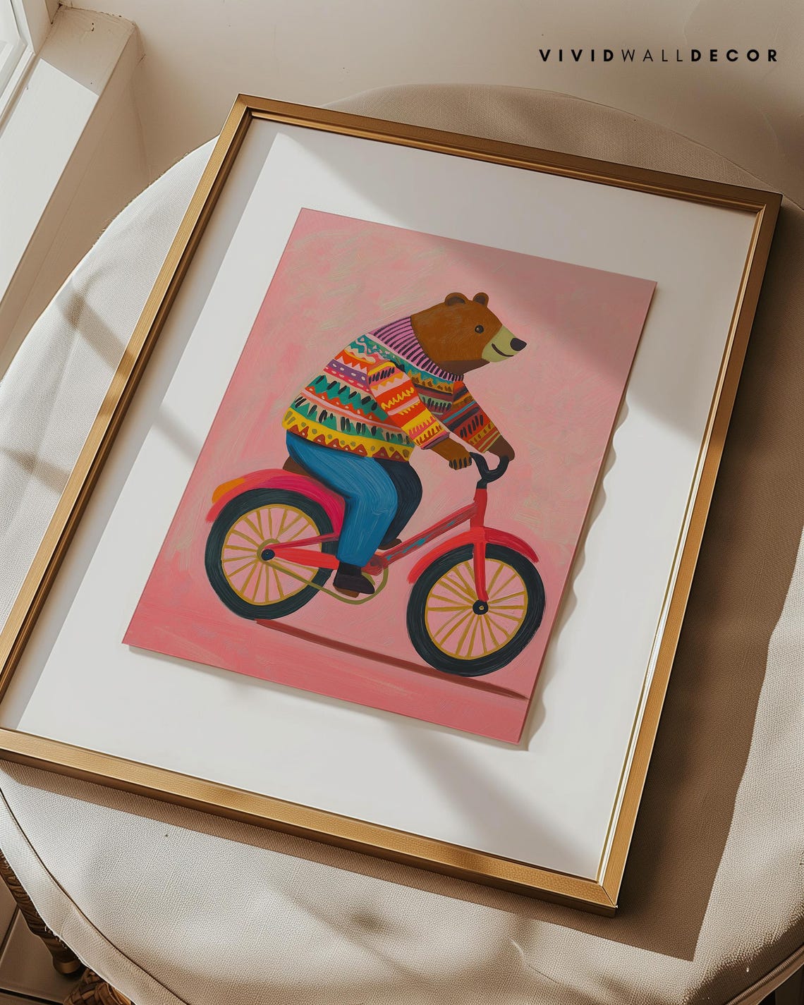 Bear in Colorful Sweater Riding Red Bicycle Fun Kids Art Poster - Image 3