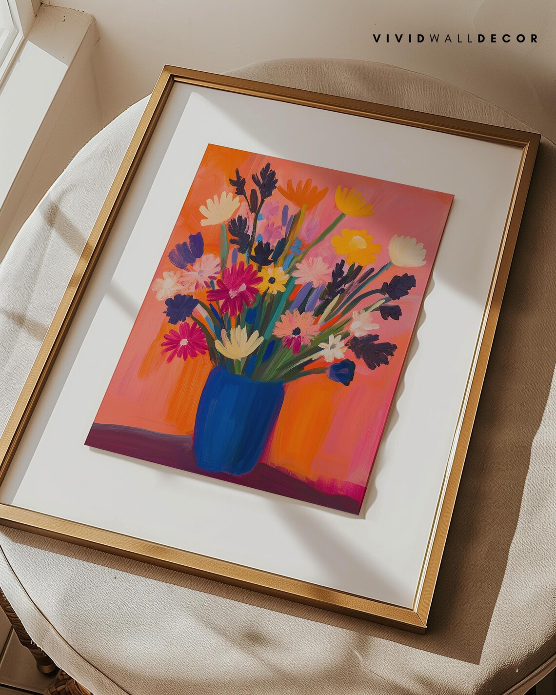 Vibrant Wildflowers in Blue Vase Sunset Floral Painting Poster - Image 2