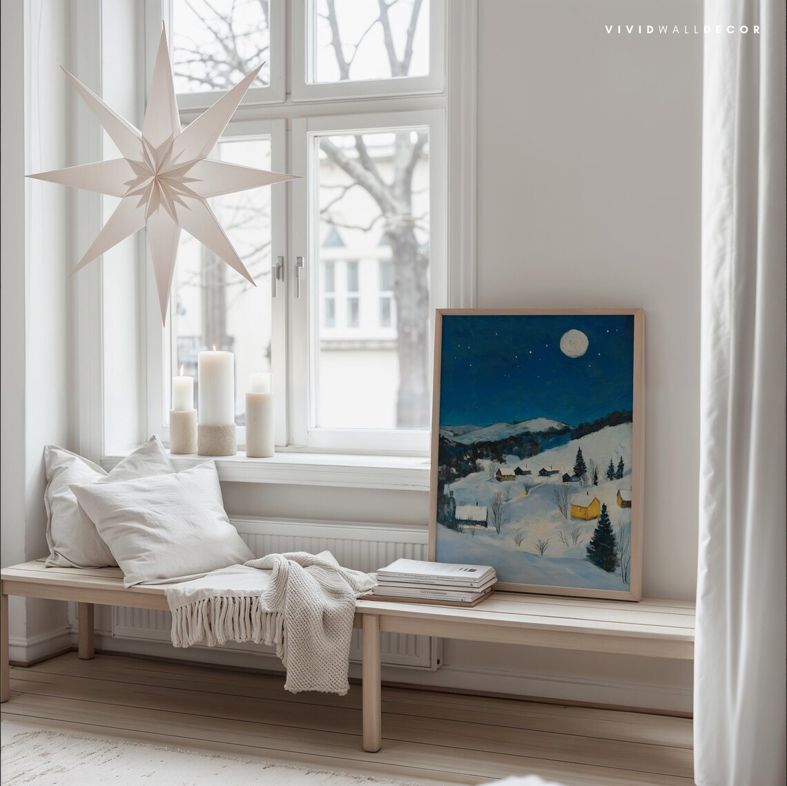Snowy Mountain Village At Night Under Full Moon Winter Poster - Image 3
