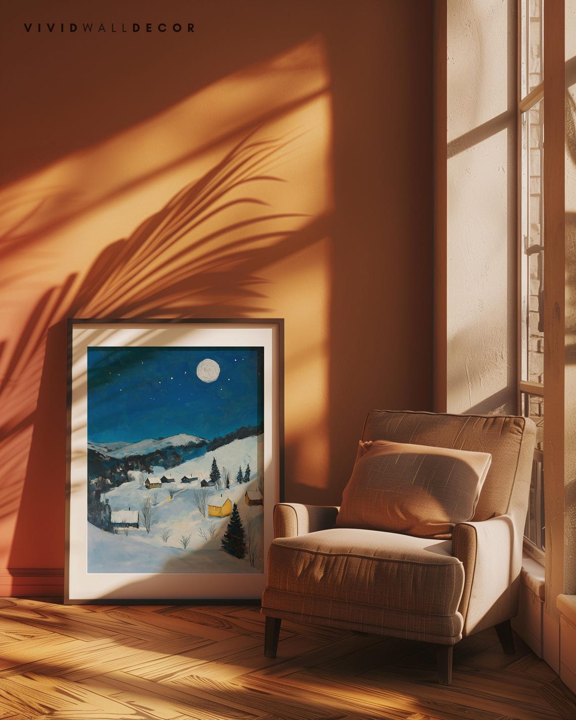Snowy Mountain Village At Night Under Full Moon Winter Poster - Image 4