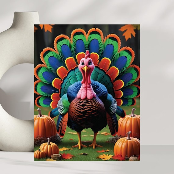 Colorful Turkey Thanksgiving Pumpkins Vibrant Fall Art Poster