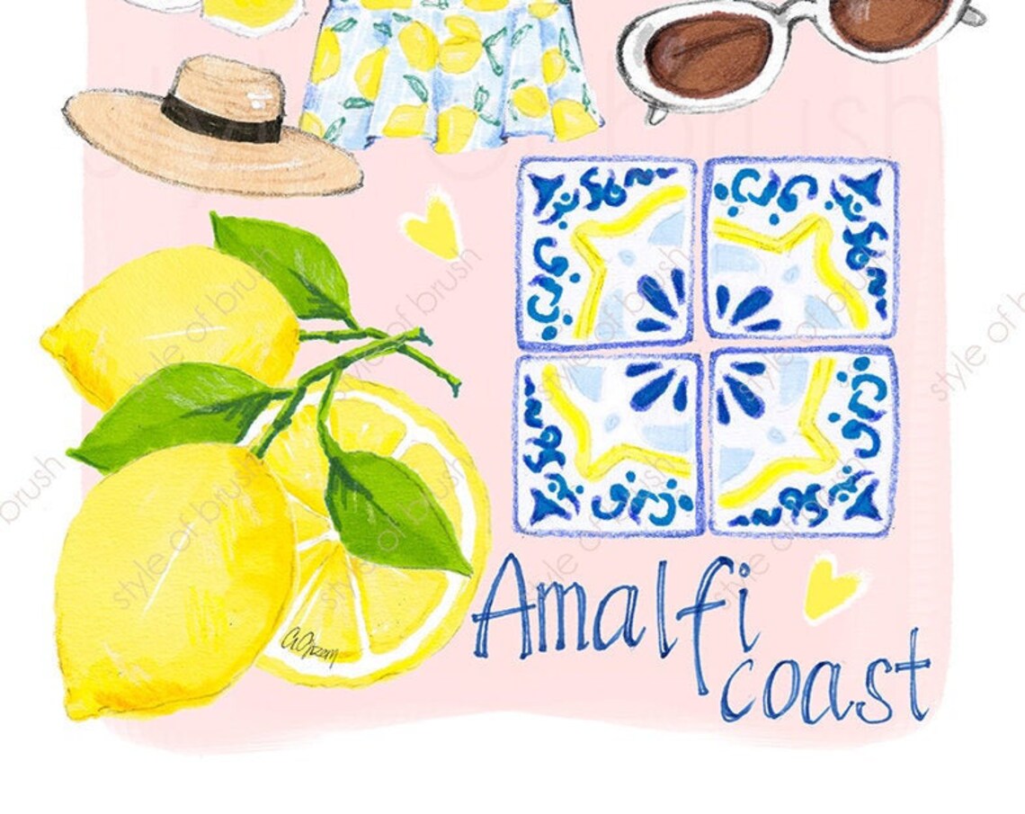 Amalfi Coast Lemon Dress Collage Italian Watercolor Travel Poster - Image 2