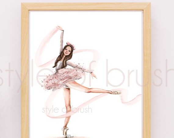 Arabesque Pink Tutu Ballerina with Flowing Ribbon Watercolor Poster