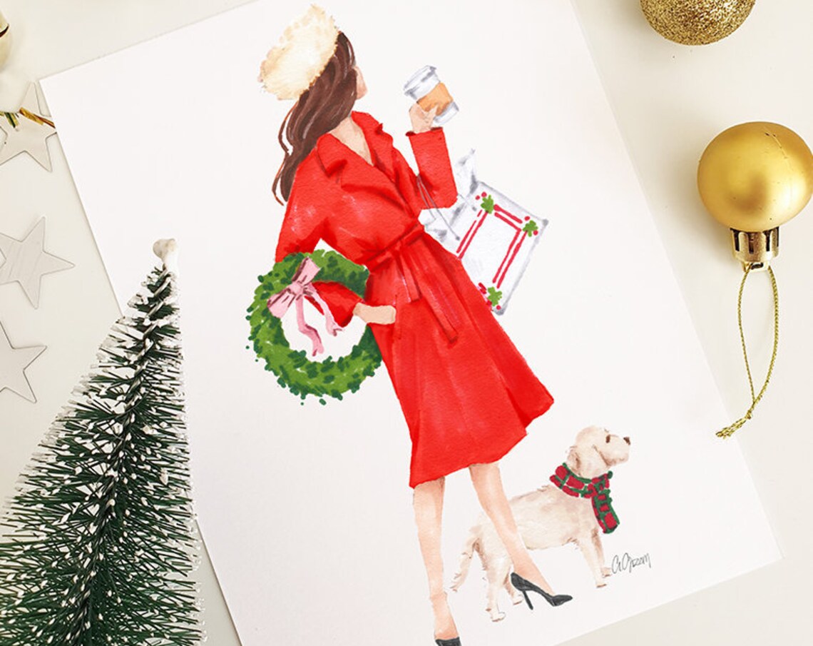 Christmas Girl in Red Coat Holding Wreath with White Dog Poster