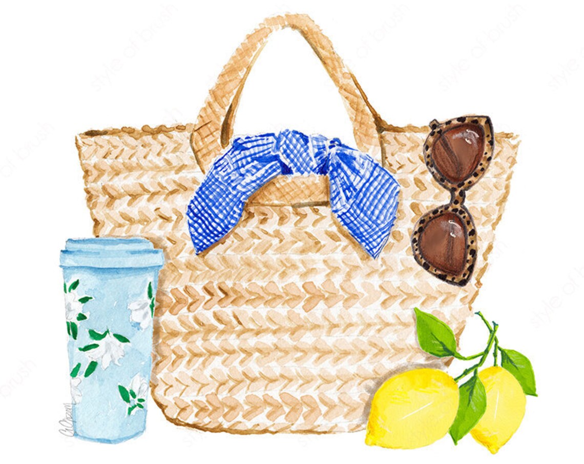 Woven Straw Beach Bag with Lemons and Sunglasses Summer Poster