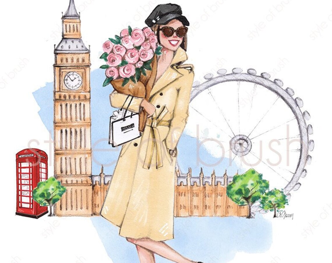 London Trench Coat Woman with Rose Bouquet by Big Ben Fashion Poster