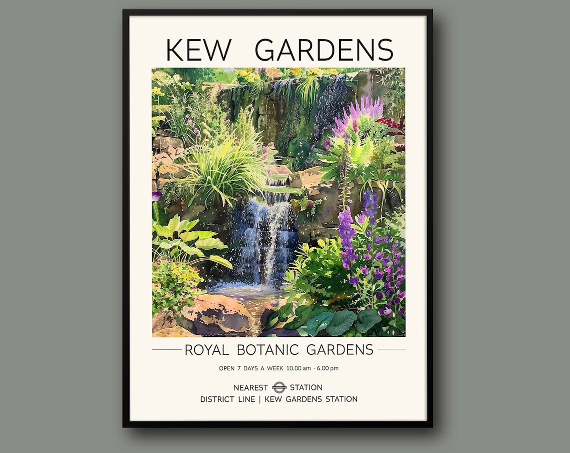 Kew Gardens London Rock Garden Waterfall Vintage Travel Poster