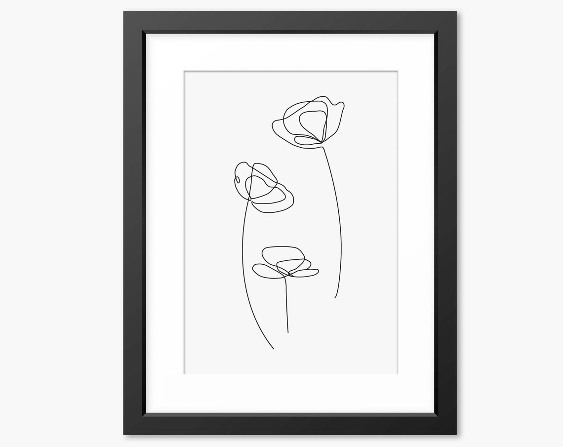Three Poppy Flowers Single Line Drawing Minimal Botanical Poster