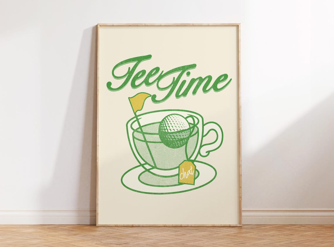 Tee Time Golf Ball Teacup Green Ink Vintage Script Fun Poster