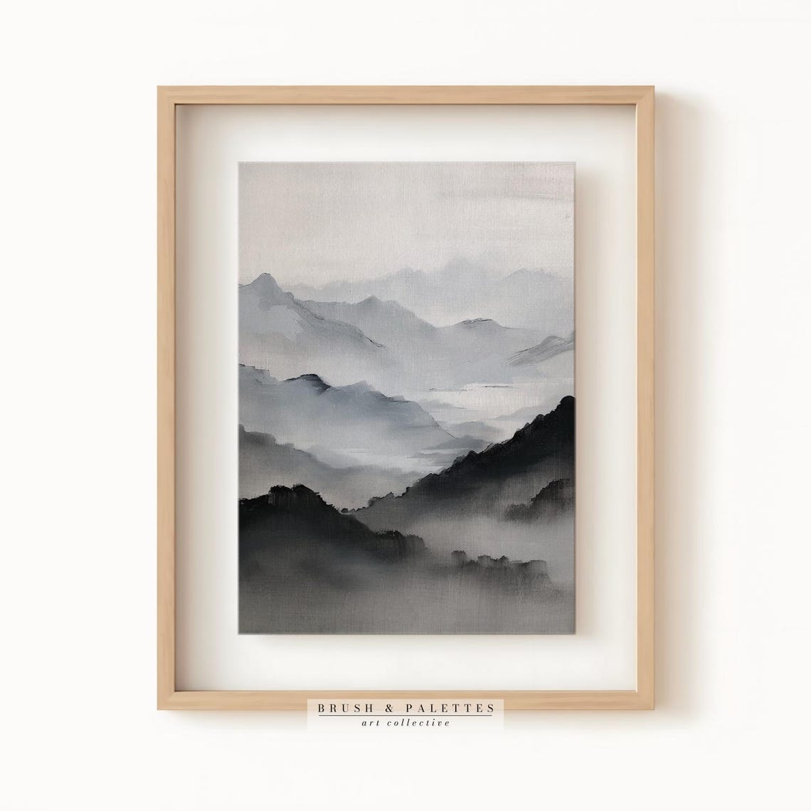 Monochrome Misty Mountain Chinese Ink Brush Landscape Wall Art