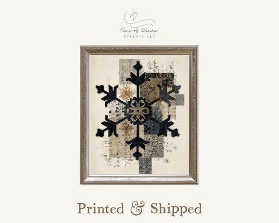 Vintage Black Snowflake Collage Poster Distressed Farmhouse Winter Art