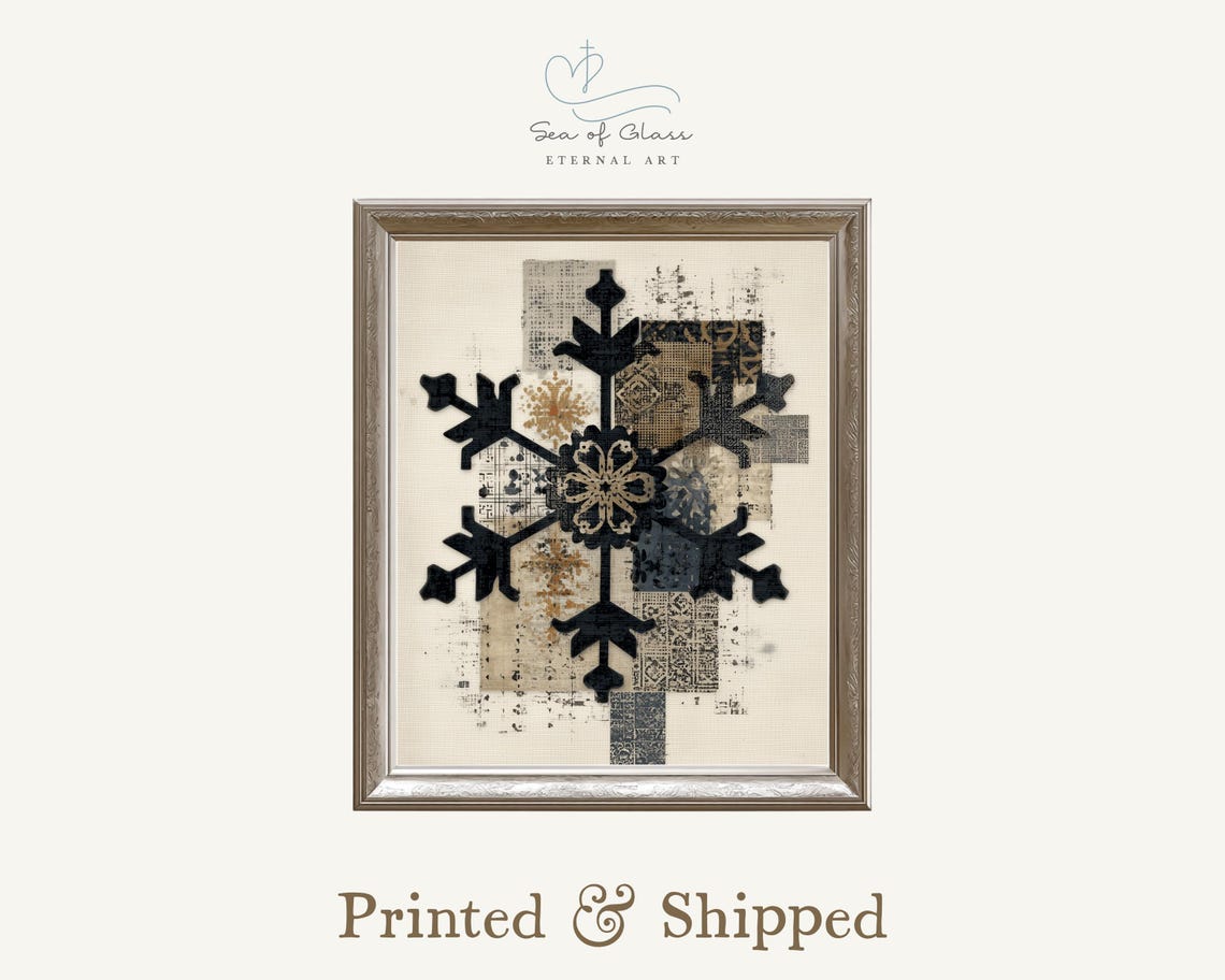 Vintage Black Snowflake Collage Poster Distressed Farmhouse Winter Art