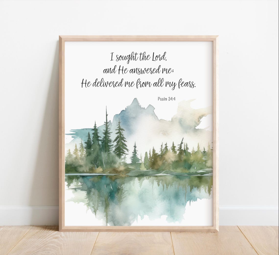 Psalm 34 4 Bible Verse Watercolor Mountain Lake Scripture Print