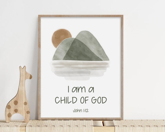 Christian Nursery Decor I Am A Child Of God Kids Bible Verse Wall Art Scripture Print Baby Boy Forest Green Mountain Minimalist