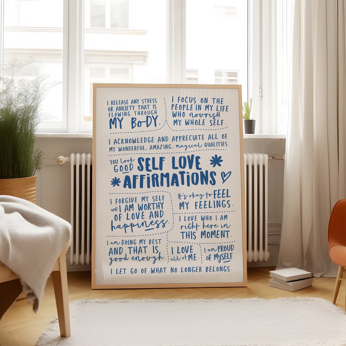 Self Love Affirmations Blue Hand Lettered Self Care Positive Poster - Image 3