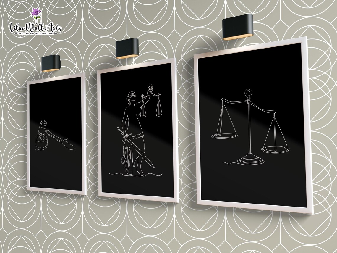 Set Of 3 Law Line Art Black Lady Justice Scales Gavel Poster