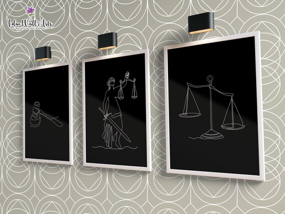 Set Of 3 Law Line Art Black Lady Justice Scales Gavel Poster