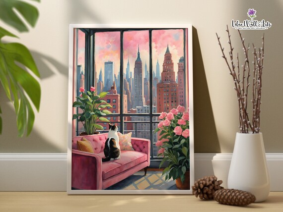Calico Cat Pink Couch City Skyline Sunset Rose Window Poster