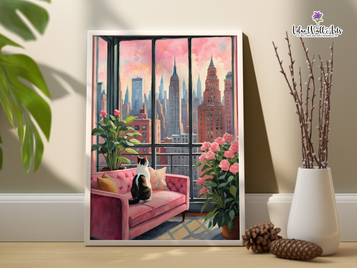 Calico Cat Pink Couch City Skyline Sunset Rose Window Poster