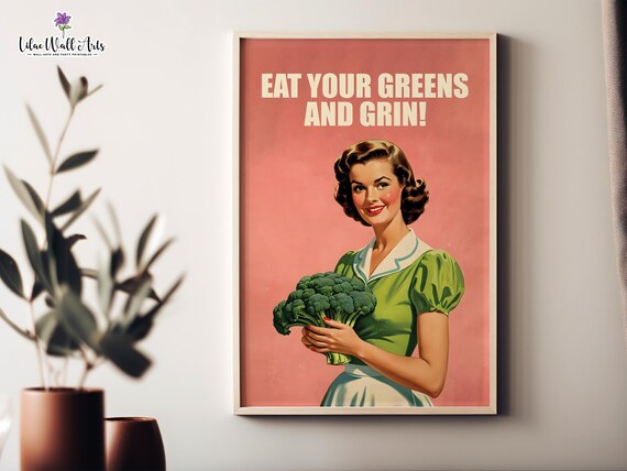 Retro Kitchen Art Funny Eat Vegan Art Retro Food Posters Cute Retro Print Healthy Food Gift Vegan Wall Art Funny Kitchen Poster 50s Wall Art
