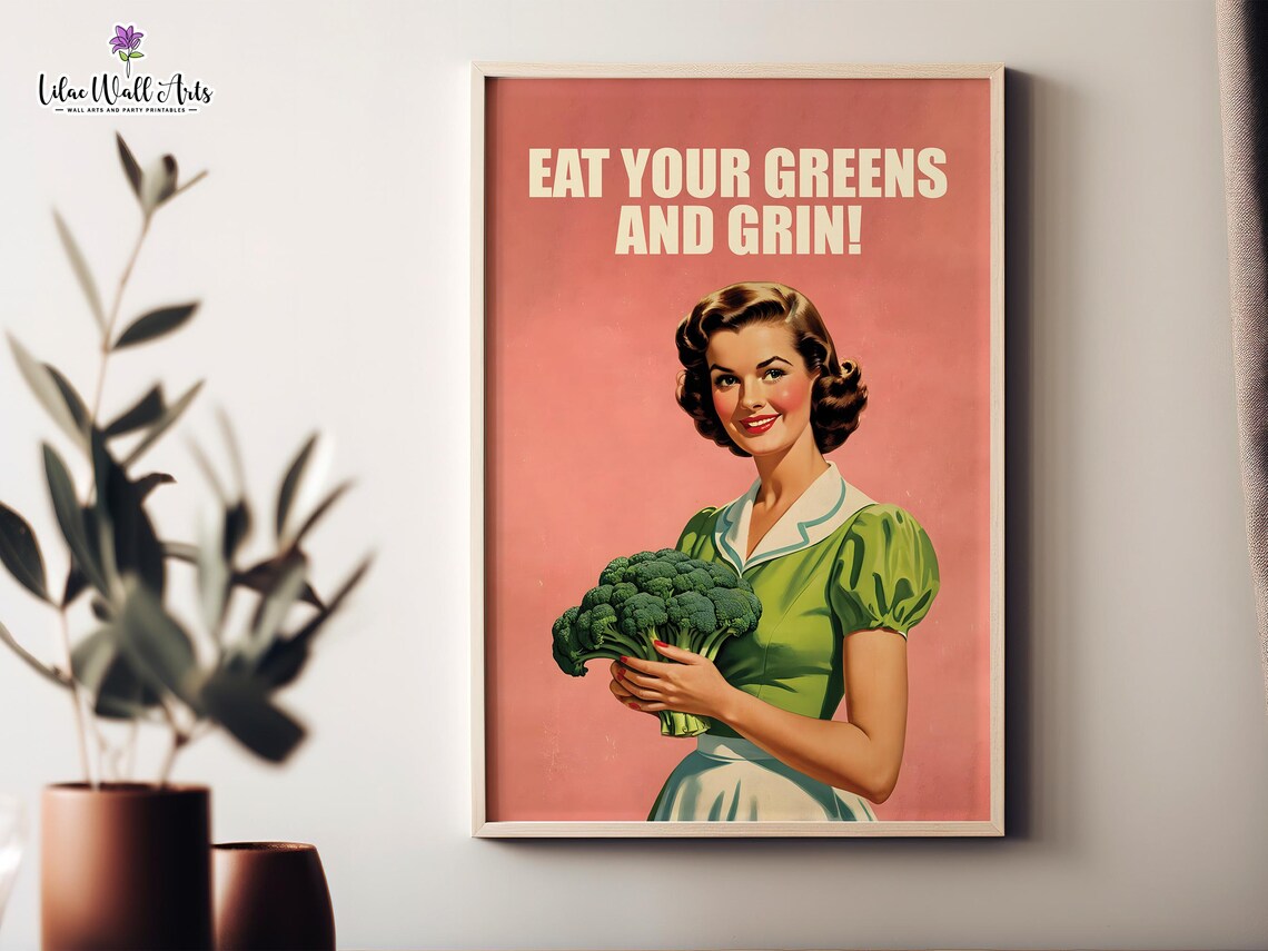 Eat Your Greens And Grin Retro Broccoli Vintage Kitchen Poster