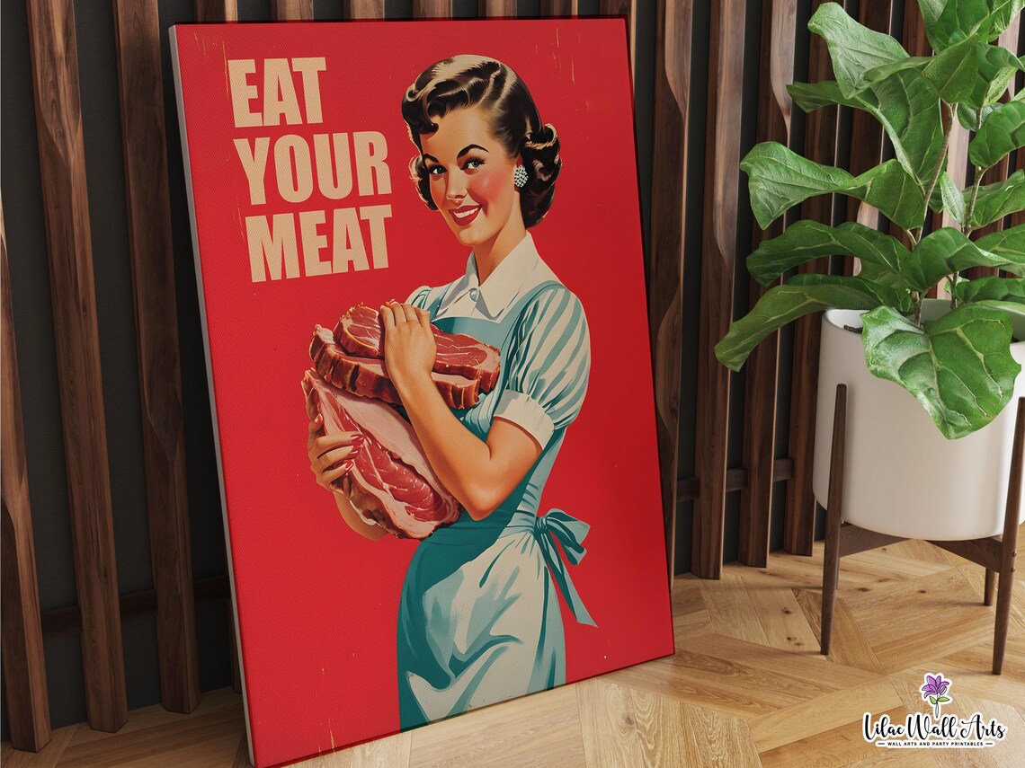 Eat Your Meat Retro Woman Kitchen Art Print - Image 2
