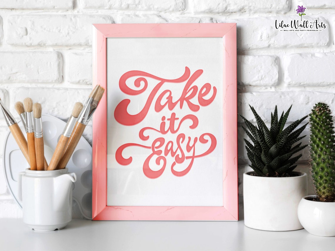 Take It Easy Retro Coral Script Inspirational Quote Wall Art - Image 2
