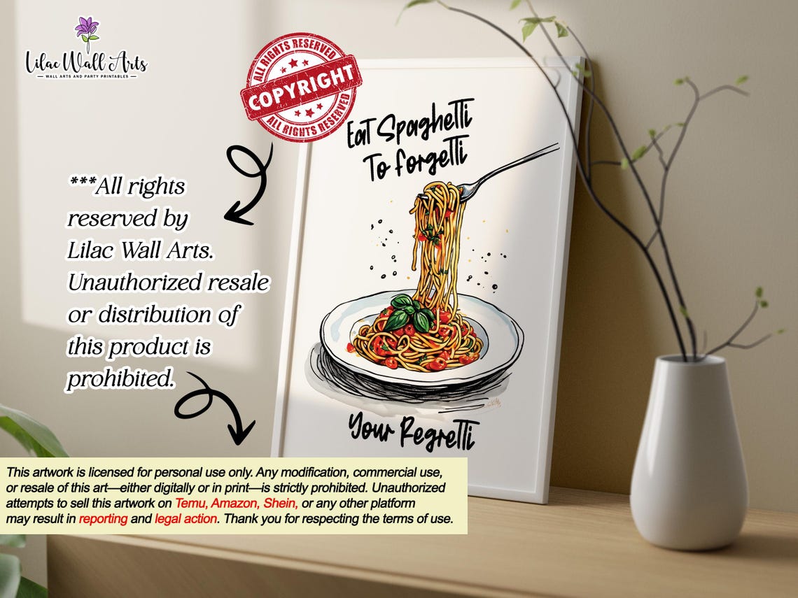 Eating Spaghetti To Forgetti My Regretti Pasta Print Pasta Night Foodie Wall Art Retro Food Poster Pasta Lover Print Italian Food Art - Image 5