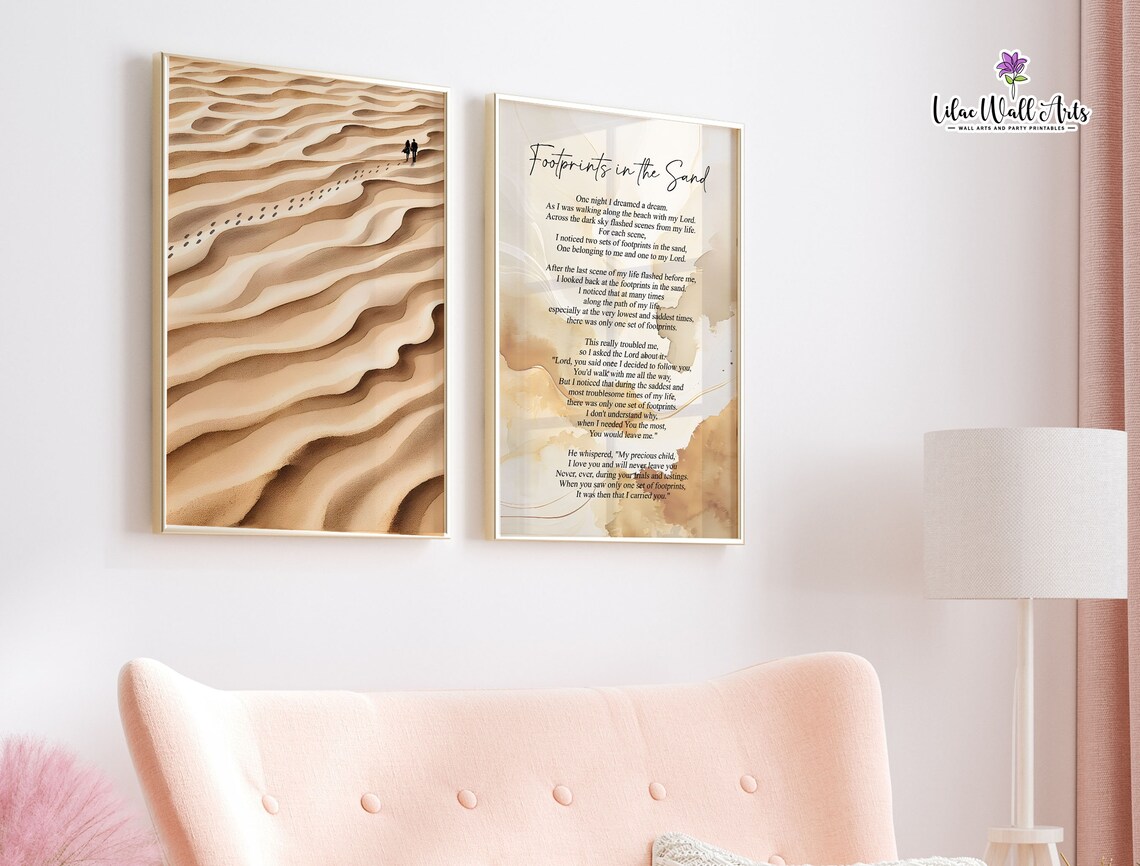 Footprints In The Sand Watercolor Beige Christian Poem Poster - Image 4