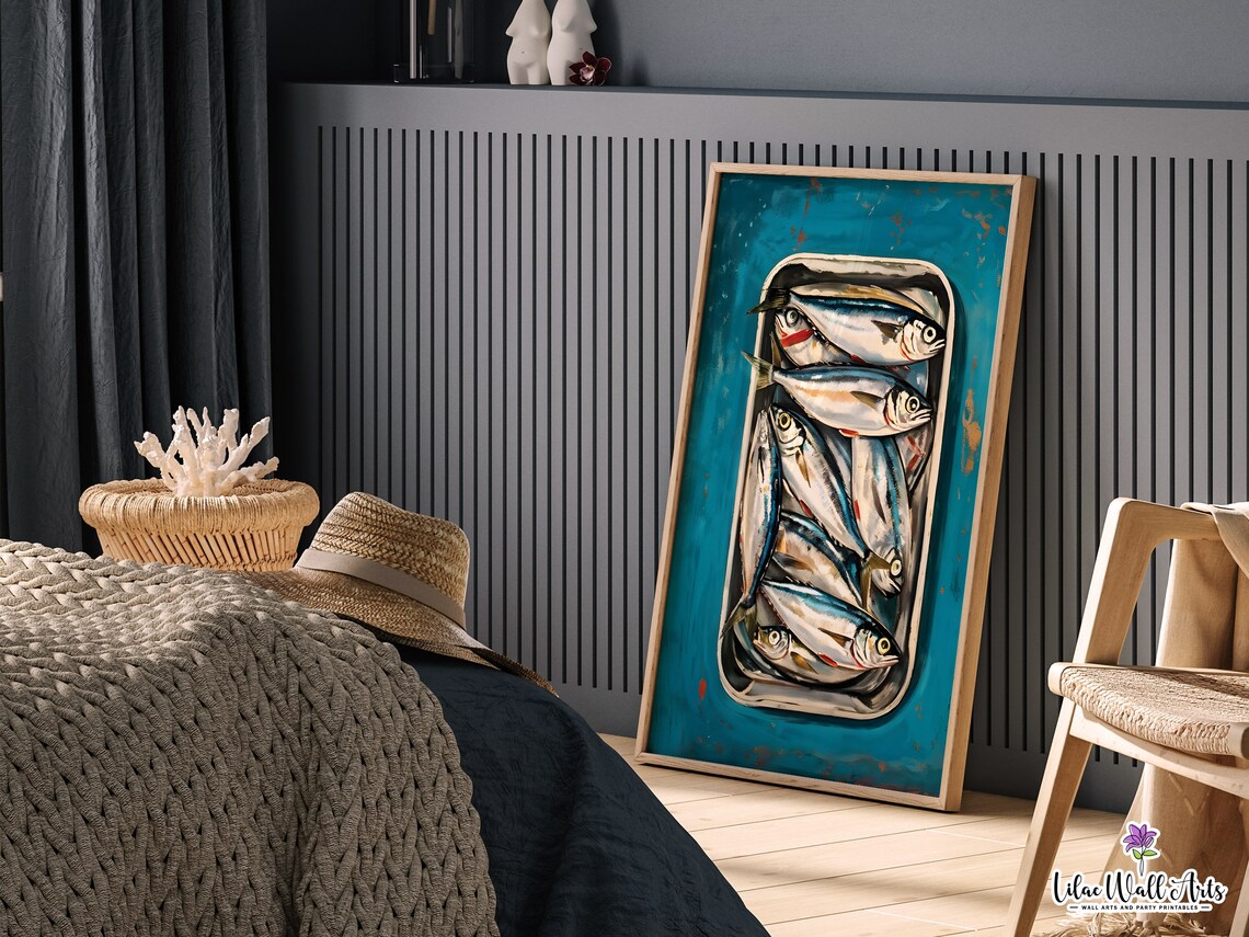 Sardine Tin Painting Poster Teal Kitchen Fish Art Coastal Decor - Image 2